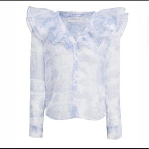 Laura Ashley x Urban Outfitters Blue Toile Winona Organza Button Up Blouse